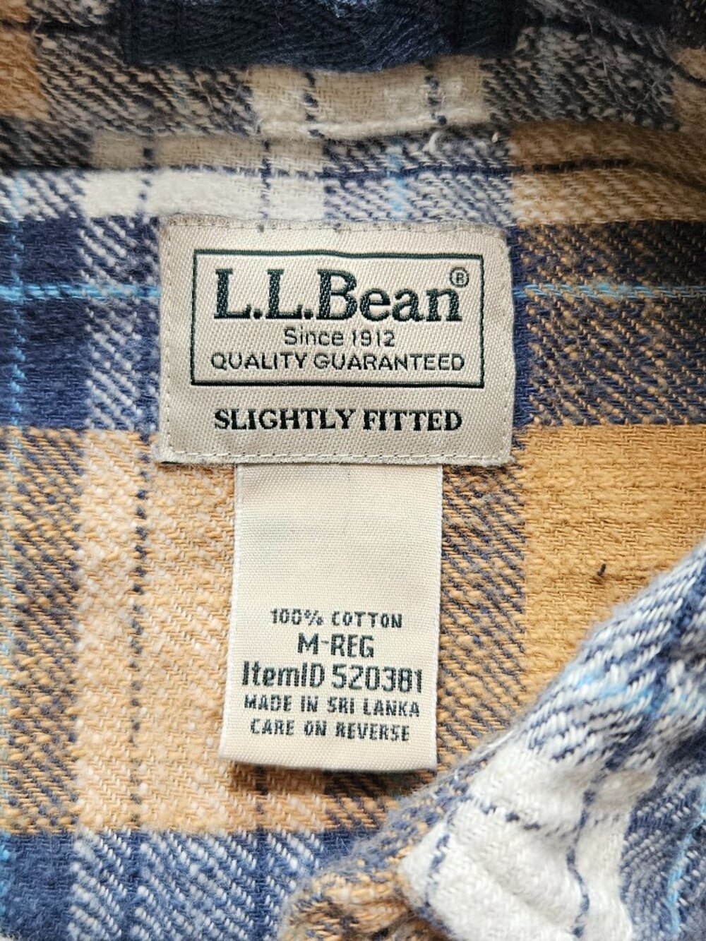 LL Bean Flannel Shirt Mens Medium Regular Mustard Blue Plaid Button Up 520381 - Picture 7 of 8